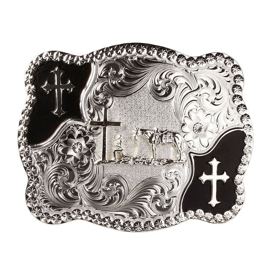 Christian Flourish Scallop Shape Belt Buckle with Christian Cowboy #3611-731M