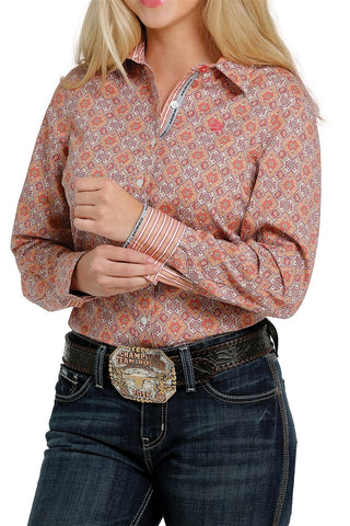 Cinch Ladies Orange Print Button Down Shirt #MSW9165019