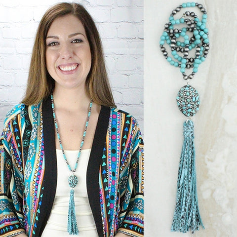 Necklace Beaded Tassel Turquoise Set #72532
