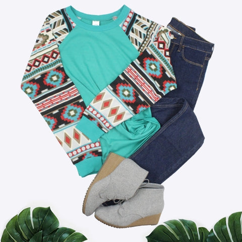 Shirt Long Sleeve Turquoise Aztec Tee #10391
