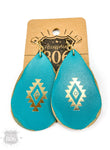 EARRING LEATHER TEARDROP WITH EMBOSSED AZTEC PATTERN #806-E039-TQG