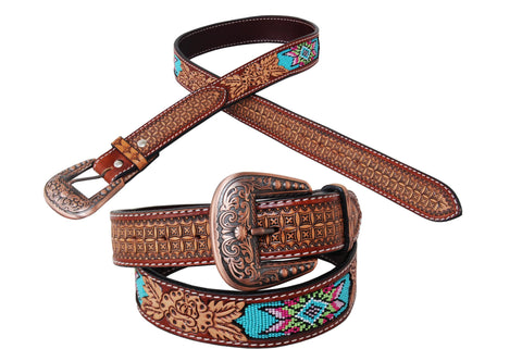Rafter T Belt – 1.5″ Beaded Inlay Rose & Floral Tooling, Copper Buckle #BT529