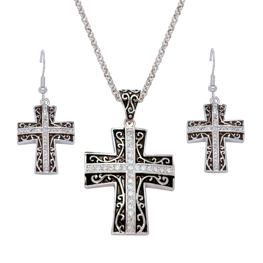 Rhinestone Cross set in Antiqued Filigree Jewelry Set #JS1185