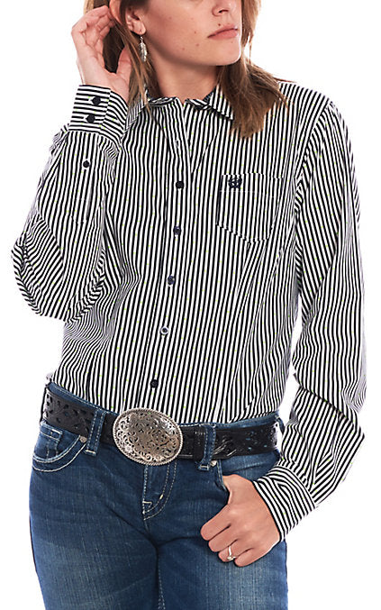 Cinch Ladies Black White Stripe with Green Dots Rodeo Shirt #MSW9164109
