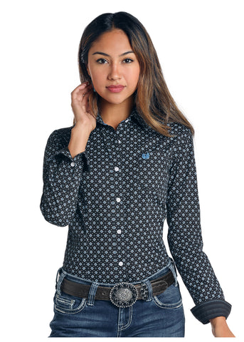 Rock & Roll Cowgirl Black Diamond Print Shirt  #R4B4036