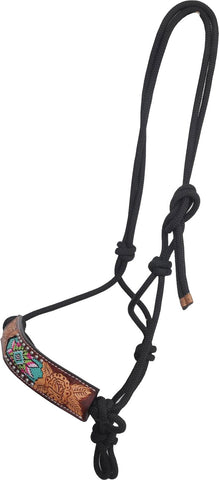 Rafter T Rope Halter. Beaded Inlay with Rose & Floral Tooling, #RH69