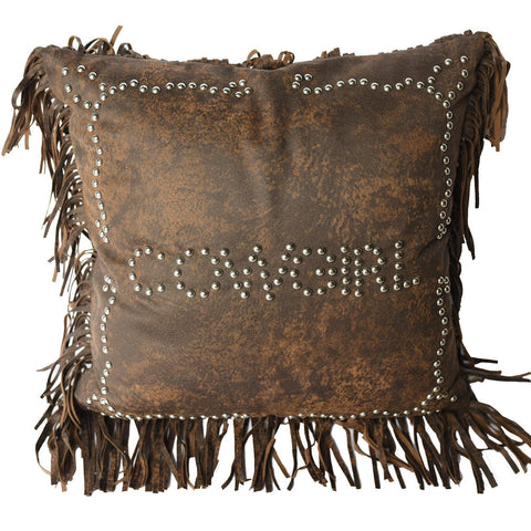 COWGIRL STUDDED DECORATIVE THROW PILLOW, FAUX LEATHER #PL3122