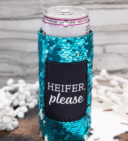 HEIFER PLEASE TURQUOISE SEQUINS CAN COOLERS FOR SLIM CAN  #81007SC