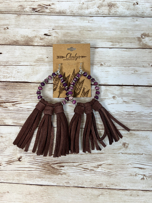 Earrings Willa Leather Tassel with Purple Agate Stone Beads and Brown Tassels  #CHB-JE130-18-J37