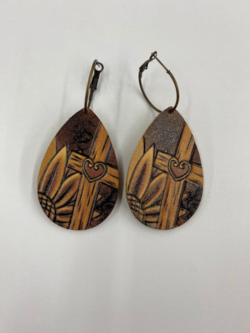 Leather Earrings with Sunflower and Cross #ERLC