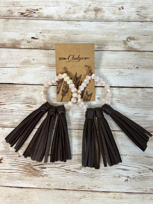 Earrings Willa Leather Tassel With Soft Peach Iridescent Beads and Deep Brown Tassels #CHB-JE126-18-J19