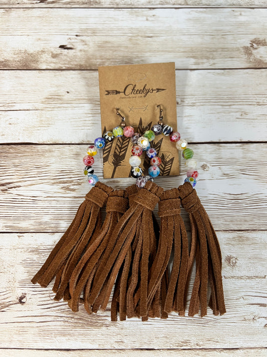 Earrings The Willa Leather Tassel w/ Trippy Hippie Bead colors and Brown Tassels #CHB-JE266-18-CHA