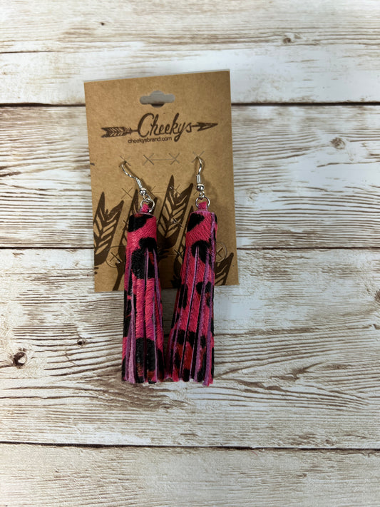 Earrings Leopard Pink Leather Tassel #CHB-JE254-18-Pink