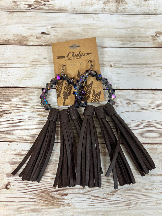 Earrings Willa Leather Tassel with Deep Purple Iridescent Beads and Chocolate Brown Tassels  #CHB-JE121-18-J21