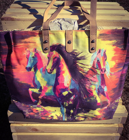 Horse Collection Dual Sided Print Canvas Fabric Tote #MW617-9317