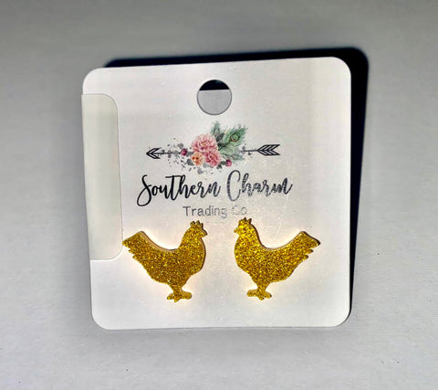 Earrings Gold Sparkle Chickens #SC550