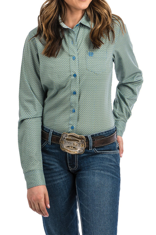 Cinch Ladies Blue and Lime Print Rodeo Shirt #MSW9164099