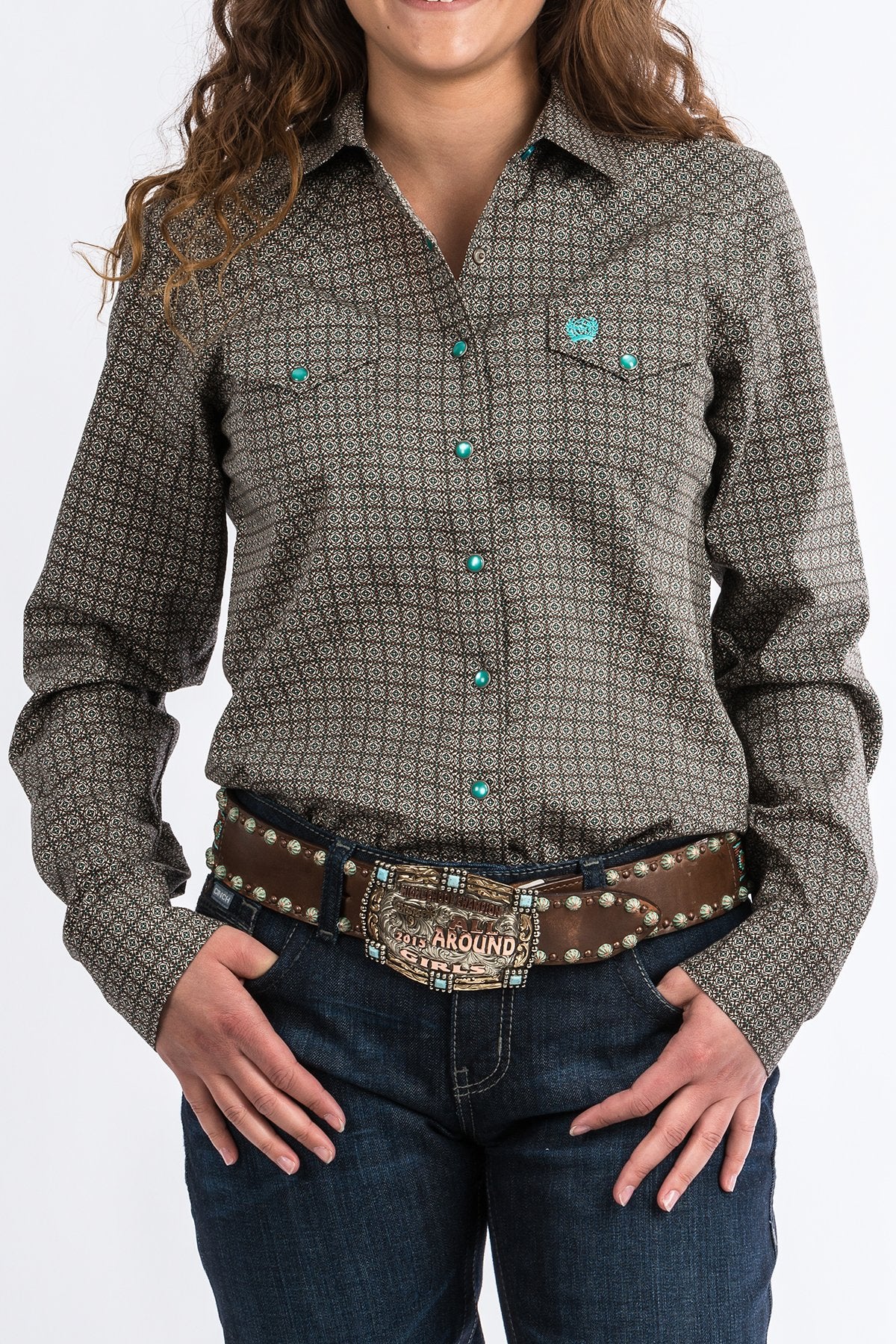 Cinch Ladies Brown Turq Print Rodeo Shirt #MSW9200031